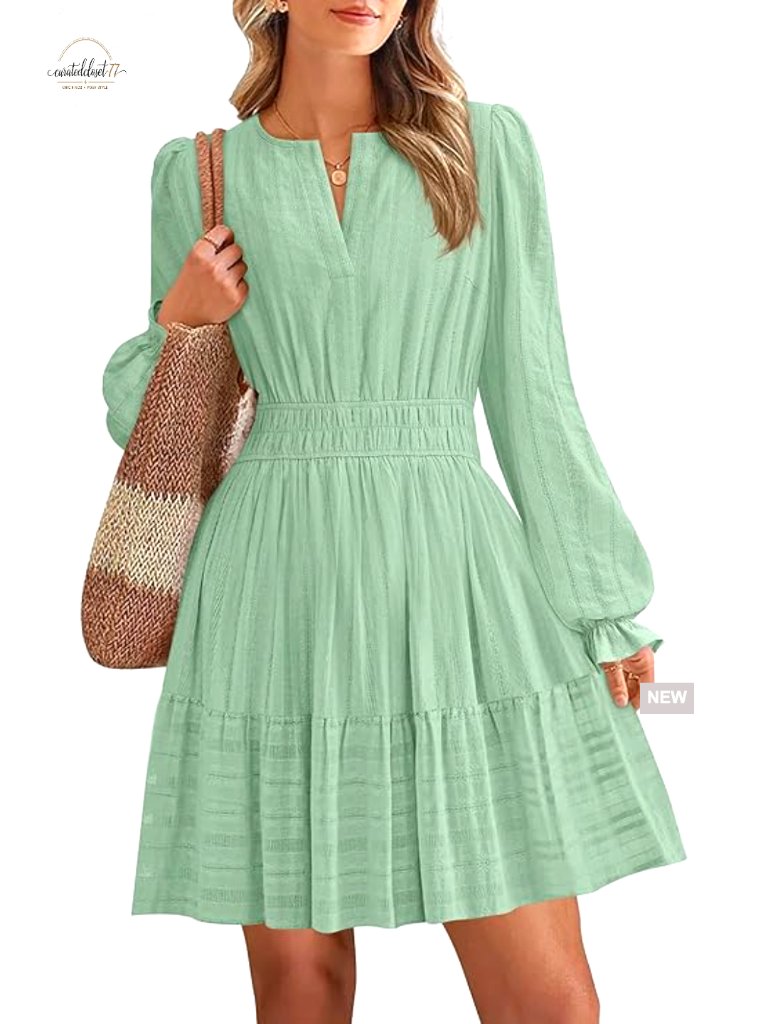 Long Sleeve V Neck Mini Dress Elastic Waist A Line Casual Party
